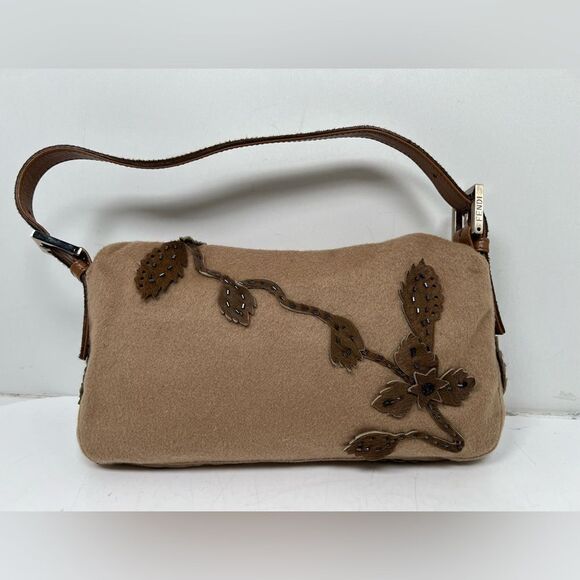 FENDI  Wool Pony Hair Flower Applique Baguette Brown - Picture 2 of 14